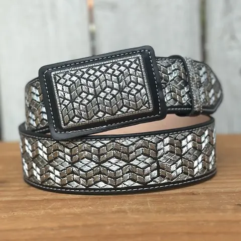 Black and Silver “Cubo” Western Style Belt Made with Genuine Leather and Metallic Thread Embroidery