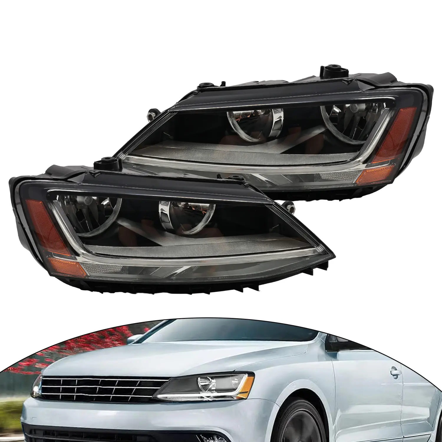 Nakkaa LED DRL Headlights Replacement Pair Set with Ballast for 2011-2018 Volkswagen Jetta 4-Door Model, Heavy-Duty Polycarbonate Chrome Housing Halogen Lamps, Moisture-Proof, Factory Look (Left Driver & Right Passenger)