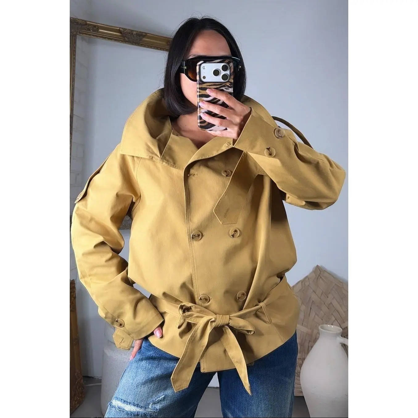 Yael Double Breasted Funnel Neck Jacket - Yellow
