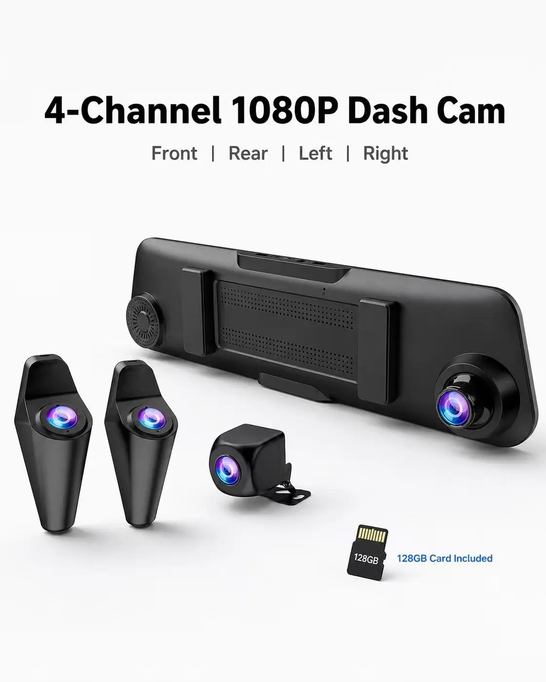 4 Channel Mirror Dash Cam Detached Camera FHD1080Px4,360 Degree View，Dash Cam ,Night Vision,GPS,Parking Monitor,Free 128GB Card，Hd Driving Recorder，Dashcam Vehicle Automotive Dvr，Rotatable Dashcam Video Dashcam