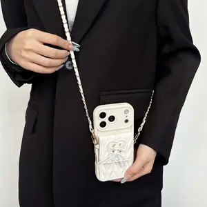 ns Style Pleated Ribbon Crossbody Case for iPhone 17 Pro 16 15 14 13 - Aesthetic Fabric Texture, Cute Card Holder, Shockproof Soft Cover - Trendy Women's Gift magnetic protective