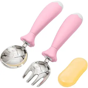 Toddler Utensils with Case, Kids Silverware Set with Silicone Handles, 18/10 Stainless Steel Children Safe Forks and Spoons, Travel Carrying Cases BPA Free, Dishwasher Safe (pink)