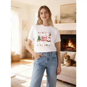 "Just a Girl Who Loves Christmas" Graphic T-Shirt for Women, Pure Cotton Short Sleeve, Christmas Holiday Party Wear