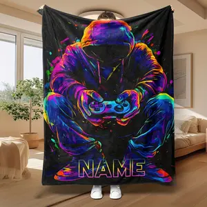 1pc Personalized Custom Name Cyberpunk Gamer Flannel Blanket - Neon High-Saturation Digital Printing, Soft Comfortable Nap Option, Thoughtful Winter Gift for Family - Custom, Cyberpunk Blankets, Custom Blankets