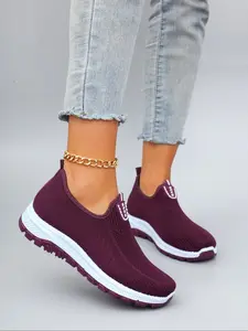 Women's Fashionable Plain Color Slip on Sneakers, Knitted Running Shoes, Casual Comfortable Breathable Lightweight Sports, All-match Basic Shoes for Daily Wear, Trainer