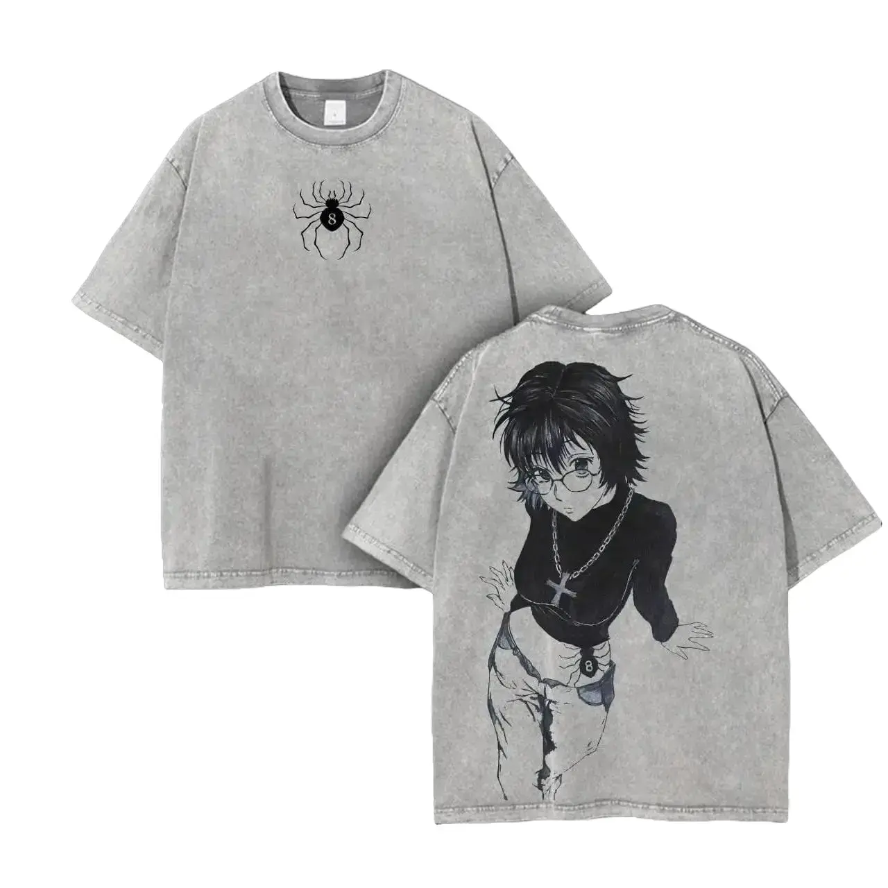 Shizuku Hunter X Hunter, Phantom Troupe Anime Double Printed Vintage Washed Tee Unisex Oversize Heavyweight Cotton T-shirt for Anime Fans and Lovers