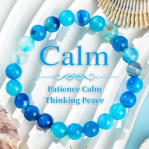 8mm Blue Striped Agate Stone Beaded Bracelet Vintage Elastic Women's Jewelry Bohemian Vacation Travel Beach Bracelet Jewelry