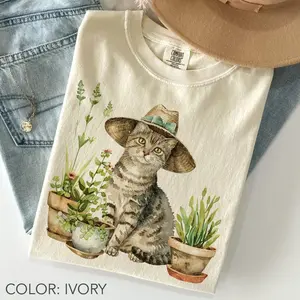 Cat And Plant Shirt Comfort Color, Gardening Cat Shirt, Cottagecore Animal Shirt, Botanical Nature Shirt, Plant Mom Gift, Gift For Gardener