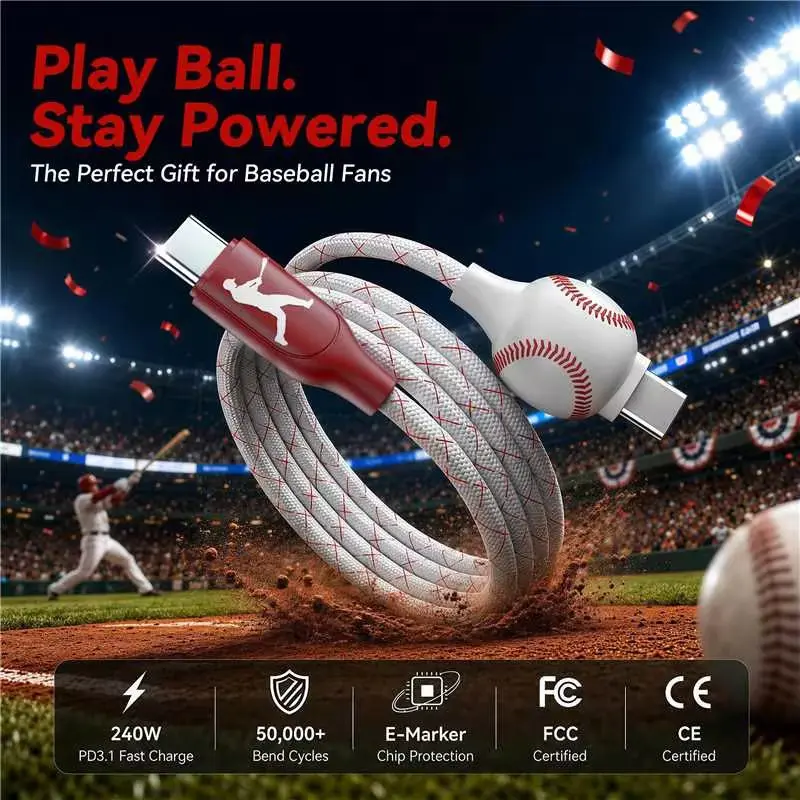 Enerzoom 240W USB-C to USB-C Baseball Charging Cable (3.3ft) - SGS Certified Fast Charging, Cotton Braided, 50000 Bends Durable, Unique Baseball Texture for Sports Lovers, Compatible with Smartphone, Cellphone, Mobile & Electronic Devices