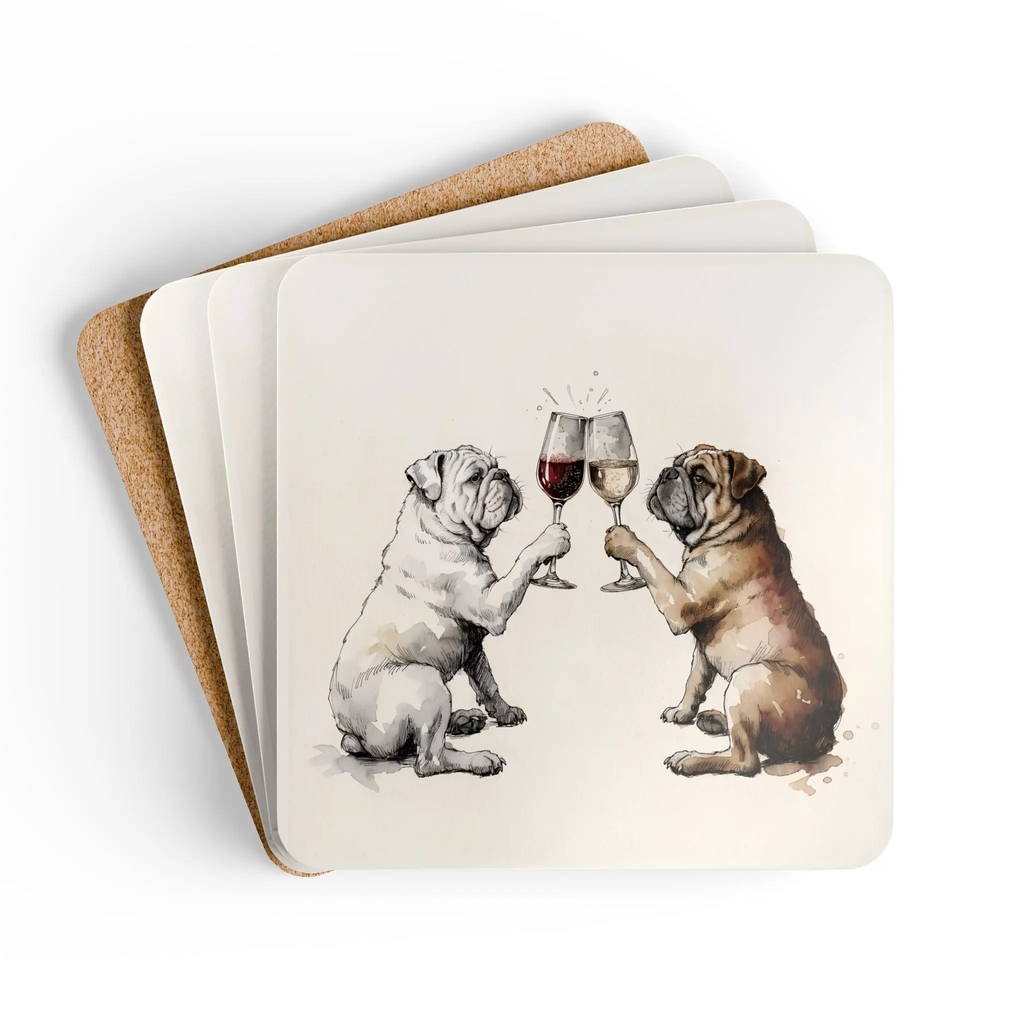 English Bulldog Animals Themed Square Coffee Coaster Set - Watercolor Art Print, Gloss Top Kitchen Tableware for Bar Cart, Happy Hour Use