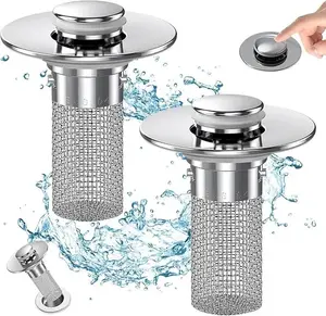 2 Pack Bathroom Sink Stopper Hair Catcher, Pop-Up Bathroom Sink Drain Strainer with Removable Stainless Steel Filter Basket, Universal Sink Stopper for Bathroom & Kitchen 1 Piece
