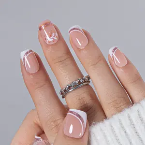 Blush Glimmer Press On Nails | CurvLife Nail | 24pcs Medium Square Fake Nails | Glossy Finish with Leaf Designs & Rose Gold Accents | Easy to Apply, Comfortable & Long-Lasting | Great for Daily Wear, Brunch Dates, Weddings & Elegant Events