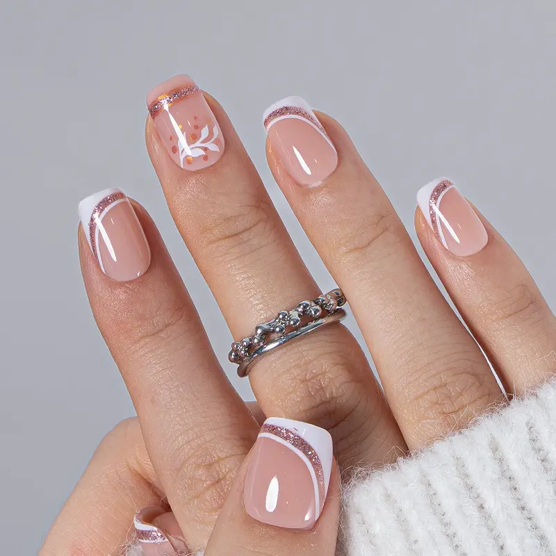 Blush Glimmer Press On Nails | CurvLife Nail | 24pcs Medium Square Fake Nails | Glossy Finish with Leaf Designs & Rose Gold Accents | Easy to Apply, Comfortable & Long-Lasting | Great for Daily Wear, Brunch Dates, Weddings & Elegant Events