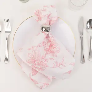 5 Pack Polyester 20"x20" Dinner Napkins White with Pink French Toile Pattern - Reusable Floral Cloth Napkins