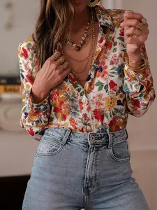 A long-sleeve shirt with a Casual Boho Sleeve, colorful floral print and a collared neckline, belonging to the casual romantic style of shirts. It has a fresh style with a touch of vintage, suitable for everyday outings and light commuting Blouse Women