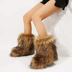 [LTO]Women'S Boots Furry Fuzzy Snow Boots Fluffy Winter Boots Warm Cold Proof Comfortable Mid-Calf Boots