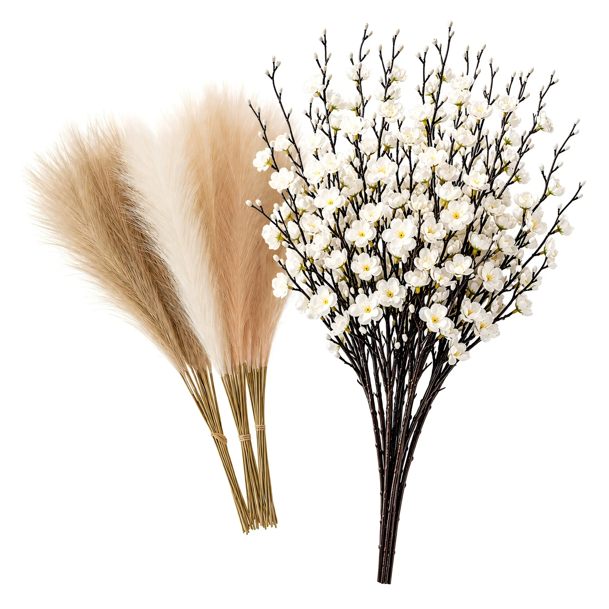 60Pcs Faux Pampas Grass & White Plum Blossom Artificial Flowers, 24Pcs Fluffy Artificial Reeds + 36Pcs Fake Wintersweet Long Stem Flowers, Boho Home Wedding Party Vase Decor, 21.7in, Vase Not Included