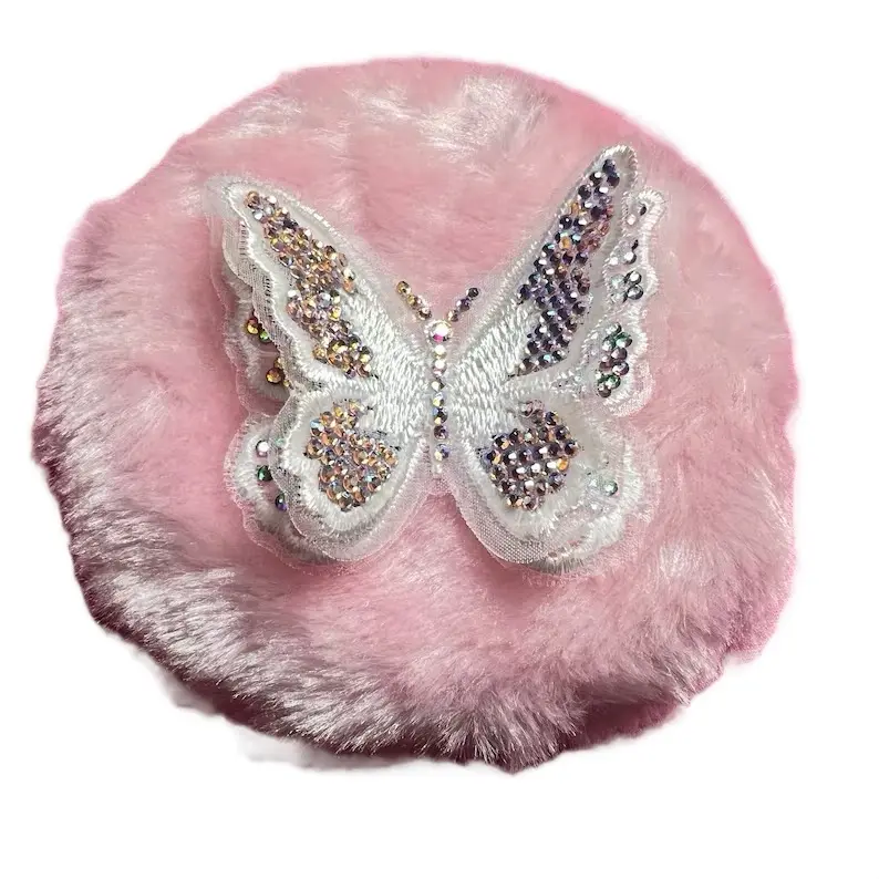 Handmade Pink Butterfly Powder Puff - Adorned with Glitter and Sparkly Accents, Features Butterfly Design, Soft Pink Color