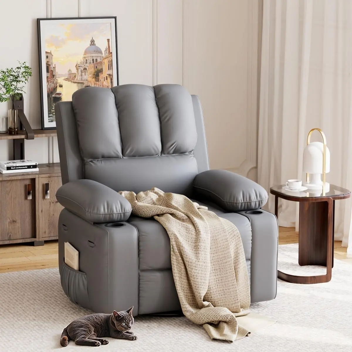 GARVEE Oversized Recliner Chairs with Heat and Massage - 360° Swivel Lazy Recliner Chair for Adults- Manual Rocking Chair with Cup Holder for Living Rooms, Bedrooms and Nurseries - Grey