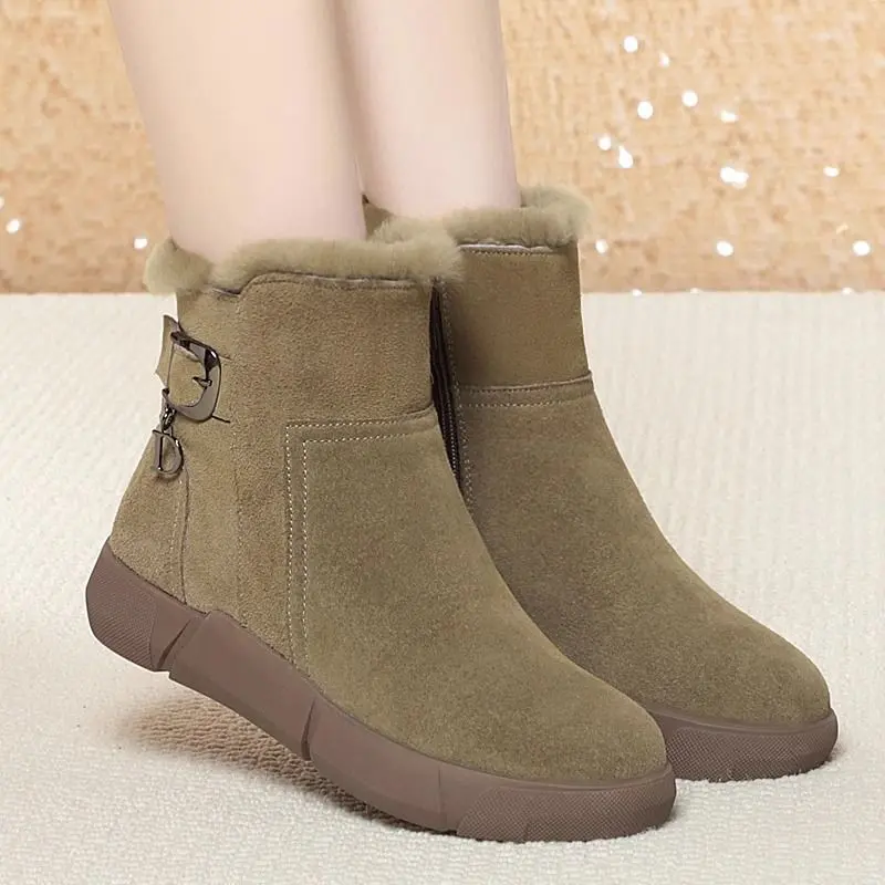 Women's Casual Cowhide Flat Ankle Booties - Solid Matte Leather Footwear, Warm Plush Lining, 1-3 cm Low Heel, Round Toe, Rubber Sole, Black/Army Green for Daily Use, Cow Hide
