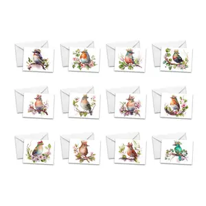 Assorted Watercolor Birds Notecards, Set of 12 with envelopes, blank inside, all occasion Greeting Cards