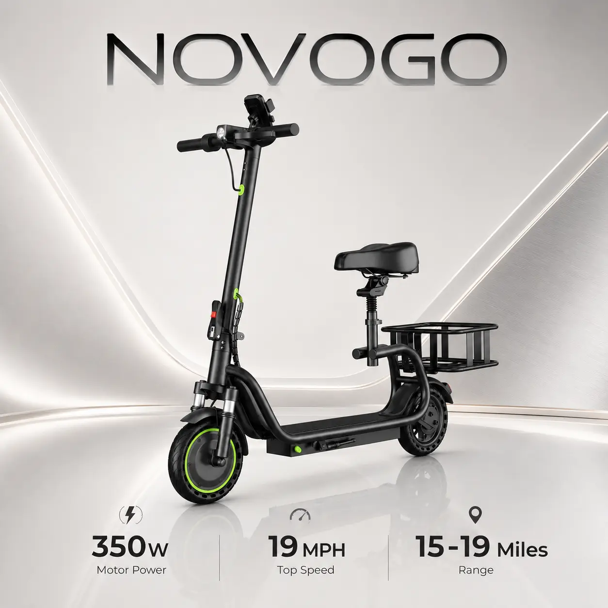 Electric Scooter with Seat & Rear Basket for Adults, 350W Motor, 19 MPH Top Speed, 15-19 Miles Range, 8.5" Solid Tires, Foldable Commuter E Scooter for City Ride, Campus, Grocery & Pet Travel