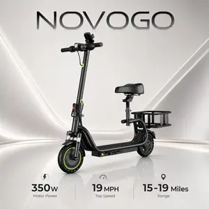 Electric Scooter with Seat & Rear Basket for Adults, 350W Motor, 19 MPH Top Speed, 15-19 Miles Range, 8.5" Solid Tires, Foldable Commuter E Scooter for City Ride, Campus, Grocery & Pet Travel
