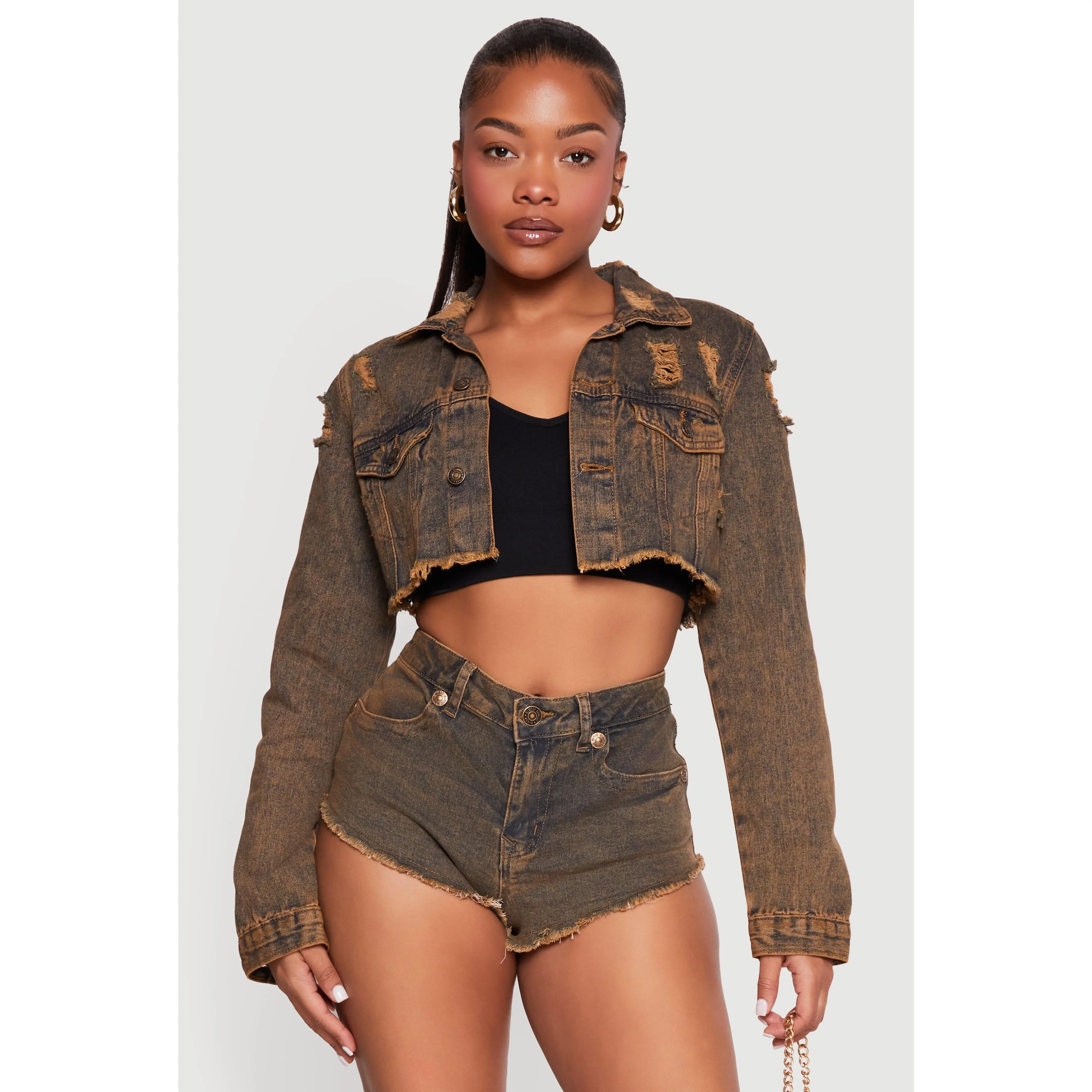 Acid Wash Denim Cropped Distressed Jacket