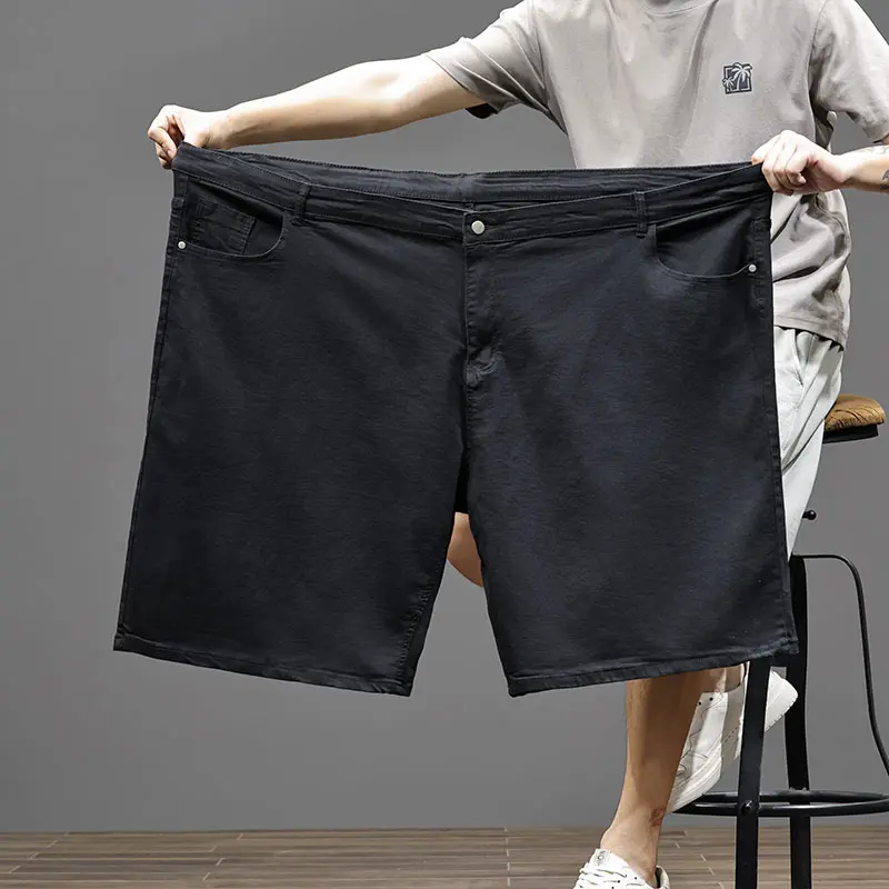 Men's Plain Stretch Knee-Length Black Denim Shorts - Streetwear Menswear, 5-Inch Slimming Style, Denim Fabric, Plus Size 4XL-9XL, With Pocket