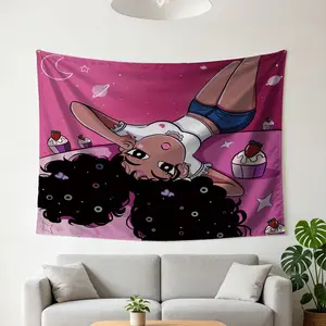 Cute Black Girl Cartoon Print Tapestry, Pink Starry Cupcake Wall Hanging Backdrop Decor, Soft Lightweight Polyester Wall Blanket, Aesthetic Kawaii Style, Easy to Hang, Perfect for Girls & Teens Bedroom, Living Room, Dorm & Parties