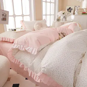 Full Size Pink Floral 100% Cotton Ruffle Duvet Cover Set Girls Princess Lace Bedding Botanical Flower Comforter Cover with Zipper Closure Vintage Country Cottagecore Bedding