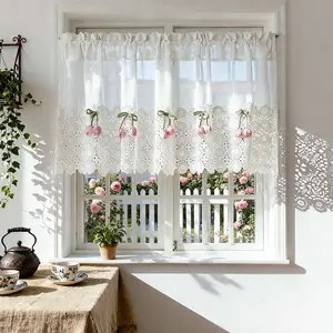 1pc Princess Style White Sheer Valance Lace Cafe Curtain with Pink Tulip for Kitchen Window Elegant Lace Curtain Valance for Bathroom Living Room Decor (White)