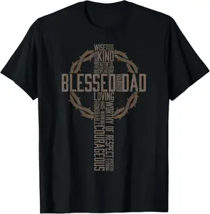 FEEGO 100% Cotton Father's Day Gift for Dad Husband Blessed Dad Christian T-Shirt Vintage Graphic Love funny  shirt
