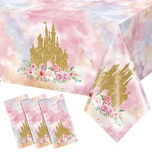 3 Pack Princess Tablecloths - Pink Rose Castle Disposable Table Covers for Baby Shower & Birthday, 54x108 Inch