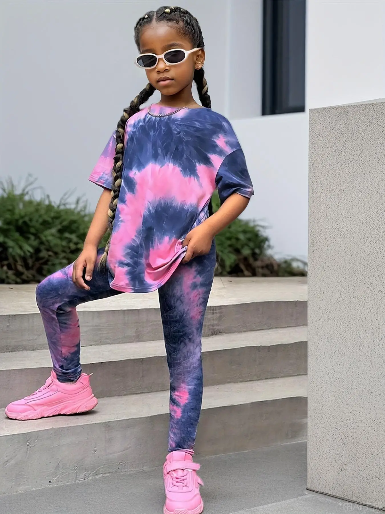Girl's Tie Dye Print Short Sleeve Tee & Elastic Waist Pants Two-Piece Set, Casual Round Neck T-shirt & Trousers for Daily Wear, Kids Summer Clothes