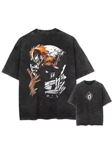 Bleached Ichiro Kurosaki Multi Shaped Hollow and Zangetsu Retro Washed Anime Printed T-shirt 2026 Men's and Women's Summer Oversized Shirt Casual Streetwear