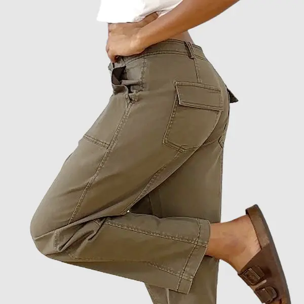 Flamingals Solid Stitch Detail Mid Waist Baby Barrel Fit Deep Pockets Pants High Stretch 26.4" Inseam Casual Women's Fashion Elevated Basic