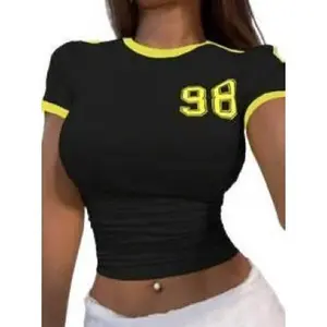 Women's Y2K Brazil 98 Crop Top, Vintage 90s Colorblock Numeric Print Baby Tee, Slim Fit Crew Neck Ringer T-Shirt, Perfect for Daily Street Style, Vacation Outings & Retro 2000s Aesthetic Looks
