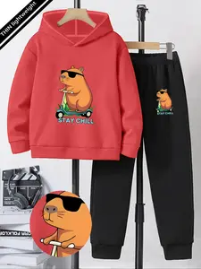 Teen Boys Fashion Printed Hoodie Set, Spring & Fall Casual Fitted Long Sweatshirt, Youth Clothing for Ages 5-14, Comfortable, Clothes Kids