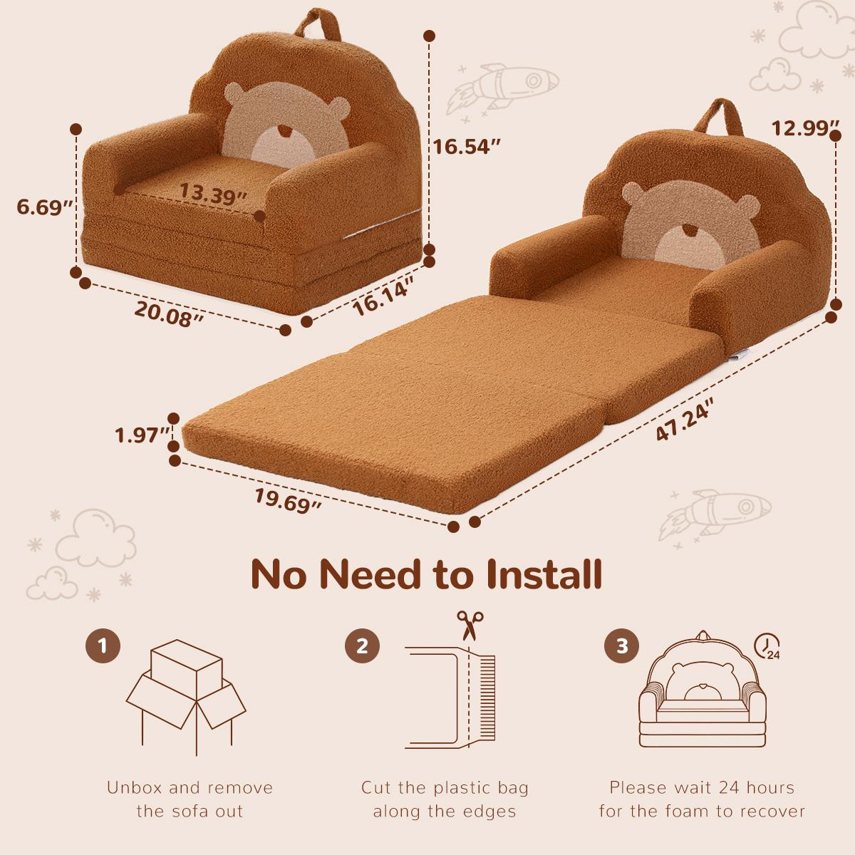 COMOMY Toddler Couch, 2 in 1 Kids Couch, Foldable Baby Soft Couch Chair for Boys and Girls Gift, Convertible Sofa to Lounger- Ideal for Napping, Reading, and Playing, Bear, Brown