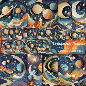 68pieces(12papers+56stickers)Cosmic Planet Theme Scrapbook Paper Set, Crafting Kit, Perfect for Mini Gift Packaging, Journal Supplies, Arts Crafts, Scrapbooking Supplies, Background Pad, DIY Crafts, Collage Decoration