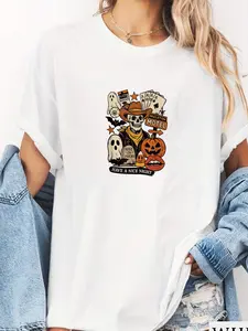 100% Cotton Retro Cow Rodeo Skeleton Motel Graveyard Spooky Halloween T-Shirt summer tees women