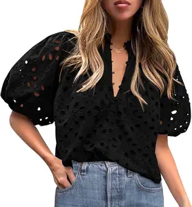 Eyelet Tops for Women Summer Tops, Eyelet Blouse for Women Hollow Out Lace Top Embroidered Blouses, V Neck Button Puff Sleeve