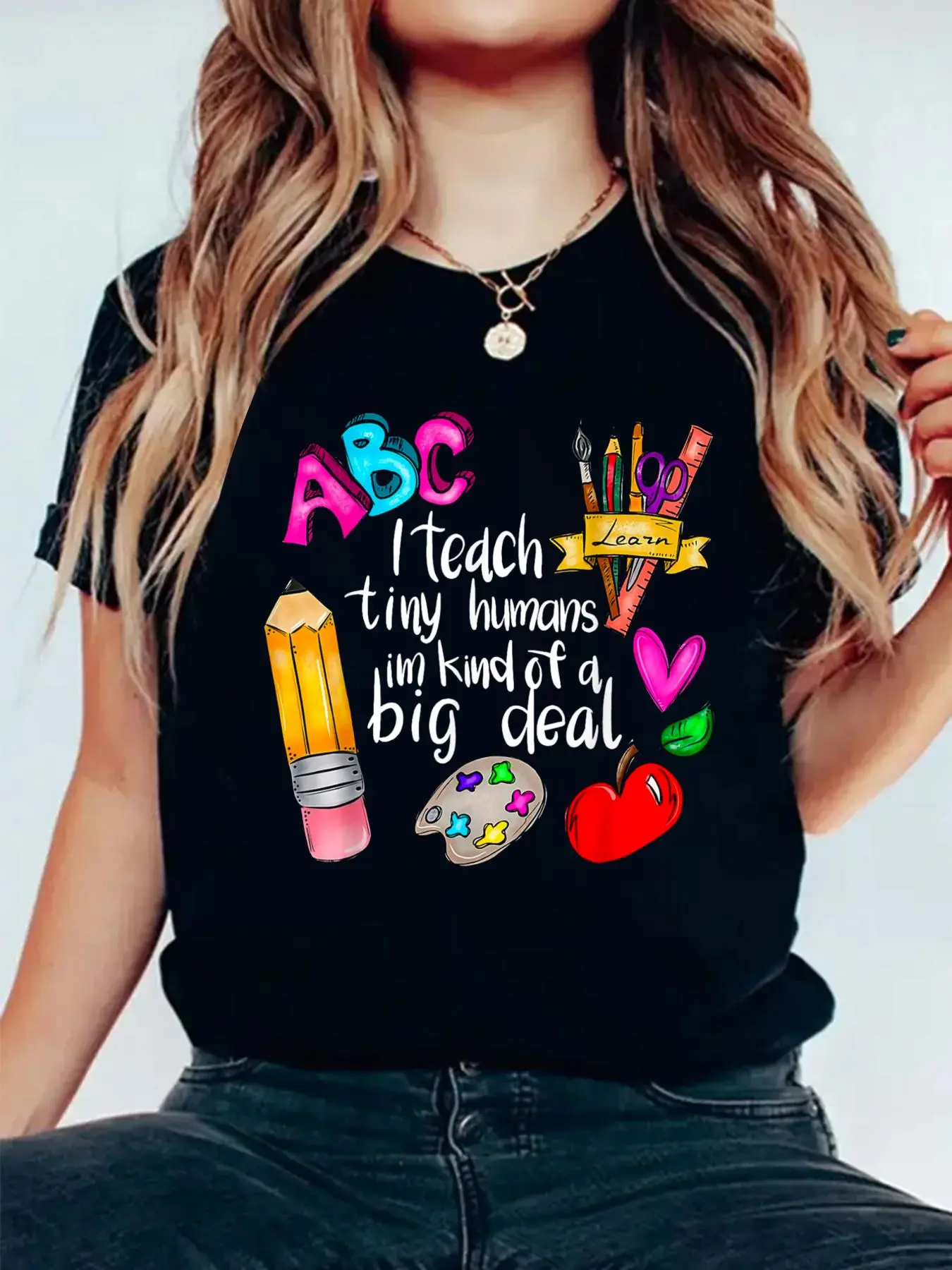 100% Cotton Tshirts I Teach Tiny Humans Teacher Appreciation Back To School T-Shirt Casual Print Short Sleeve White T Shirt Graphic Tees Women Tops