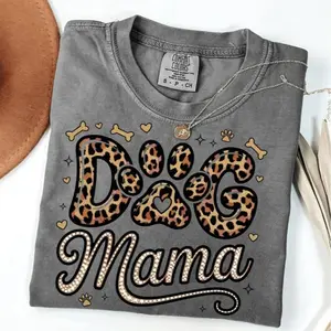 Comfort Colors Dog Mama Shirt - Leopard Print Dog Paw Print - Vintage Wash Retro Tee Soft Cotton Unisex Gift for Dog Lovers