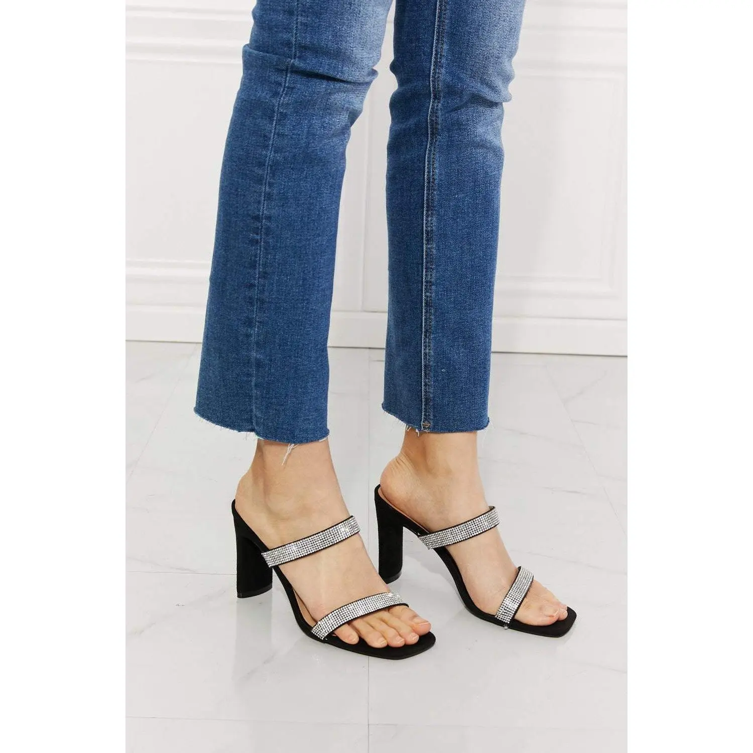 MMShoes Leave A Little Sparkle Rhinestone Block Heel Sandal in Black