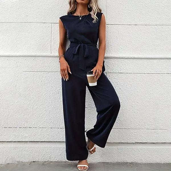 Women's Elegant Fitted Polyester Overalls - Sleeveless Round Neck, Adjustable Belted High Waist, Straight Wide-Leg Trousers, Premium Fabric for Elegance, Jumpsuit, Pants, Classic, High Waisted, Style, Minimalist