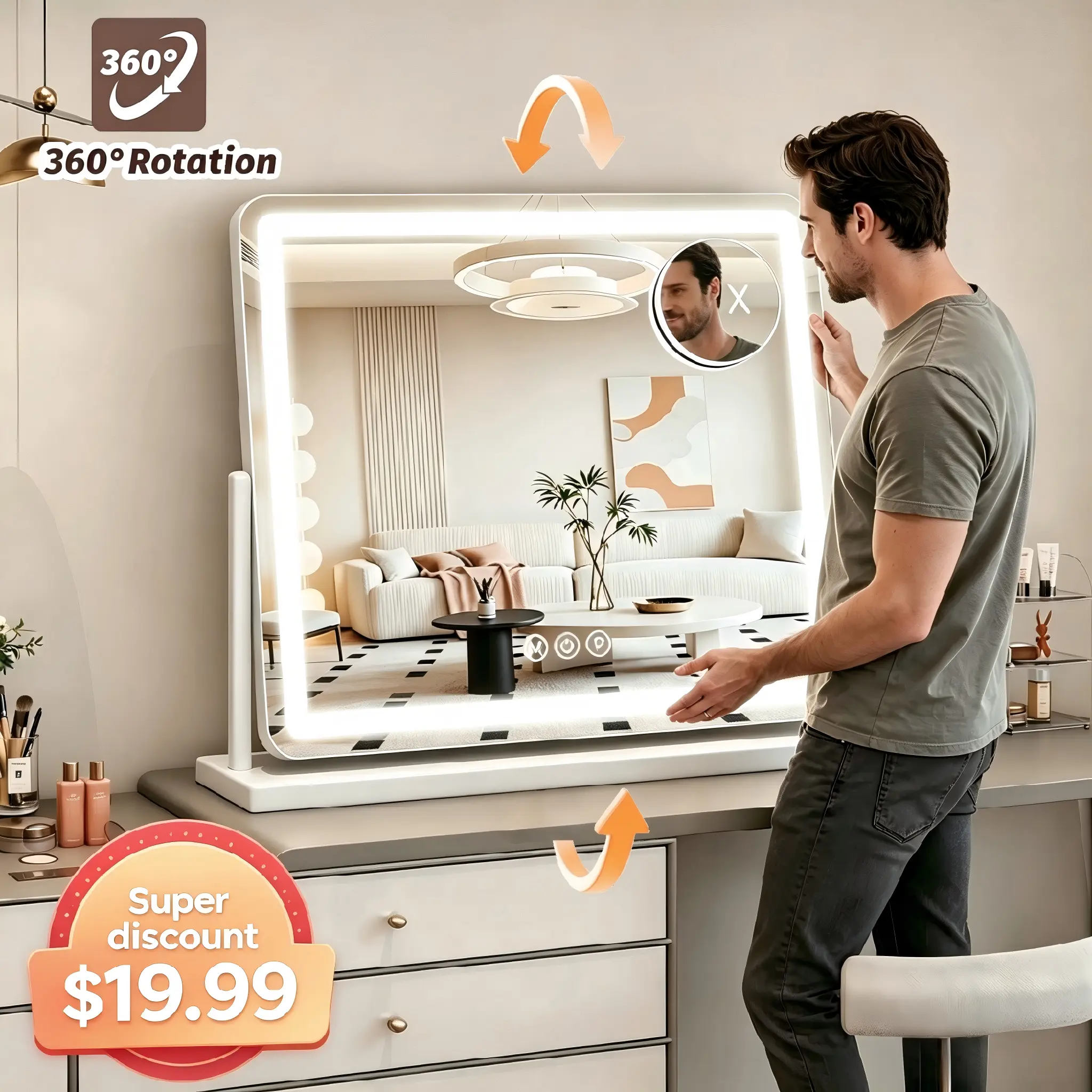 【valentine gifts】Vanity Mirror with Lights, LED Makeup Mirror，Hollywood Mirror with 3 Color Modes & Adjustable Brightness，Vanity Mirror Square White