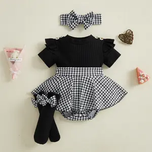 Newborn Baby Girl Spring Outfit Houndstooth Short Sleeve Ribbed Romper Dress Bow Headband and Socks Set 0-12 Months
