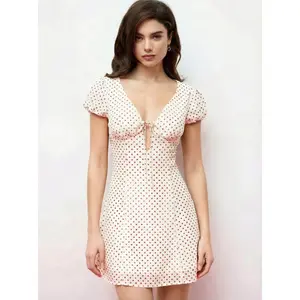 Cider V-Neck Polka Dot Puff Sleeve Tie Front A-line Mini Dress SwimWeek